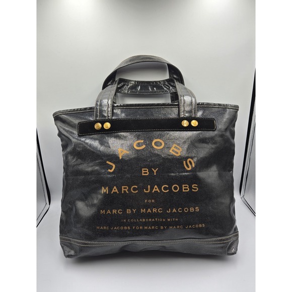 Marc Jacobs Tote Bag Black Denim Metallic Logo Collaboration - Picture 7 of 9